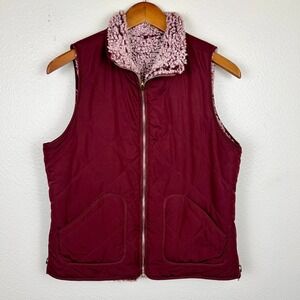 Quilted Sherpa Lined Vest Womens Medium Reversible Maroon Red Full Zip Pockets